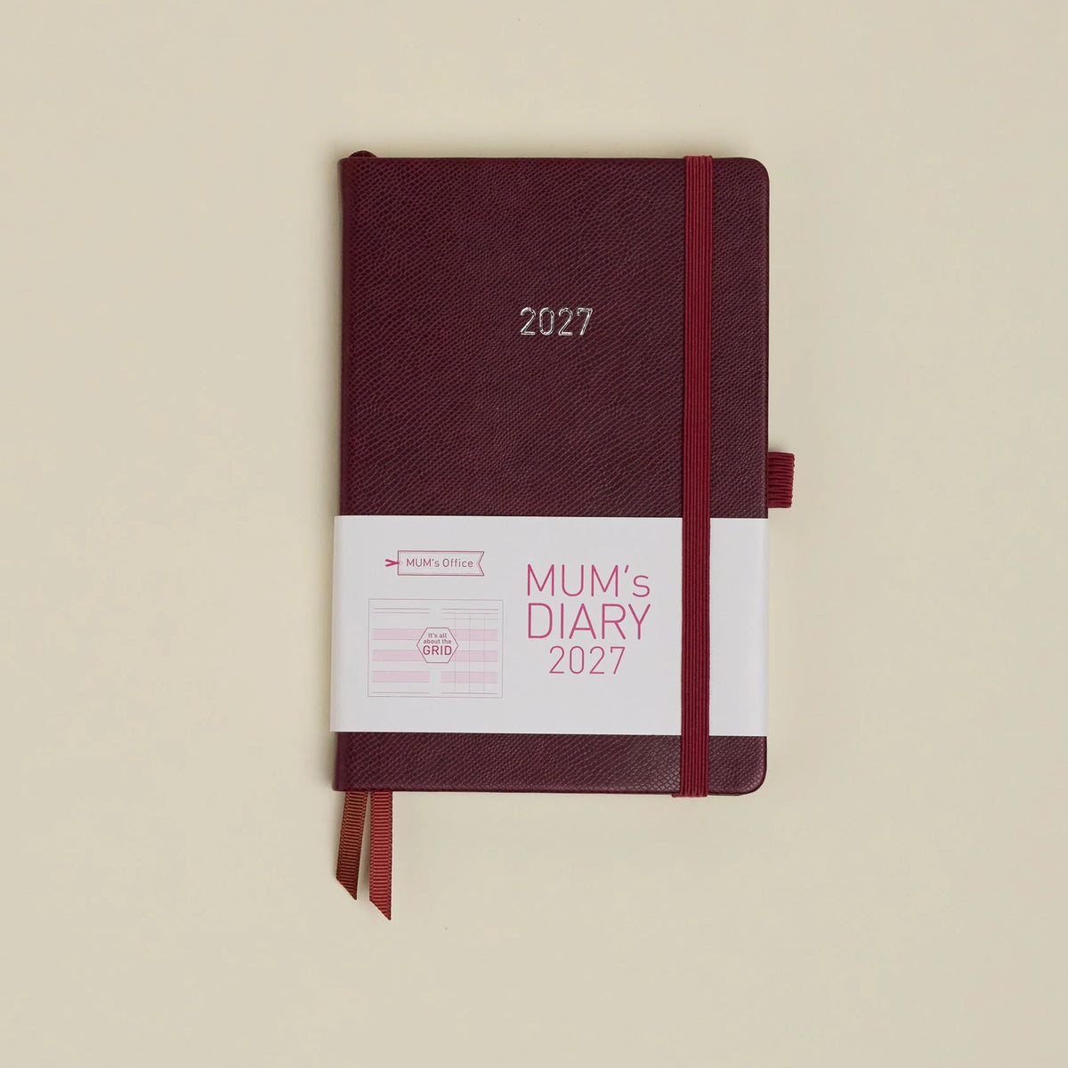 MUM's Diary 2027 in Chocolate, vegan leather cover, week-to-view with 4 column GRID layout