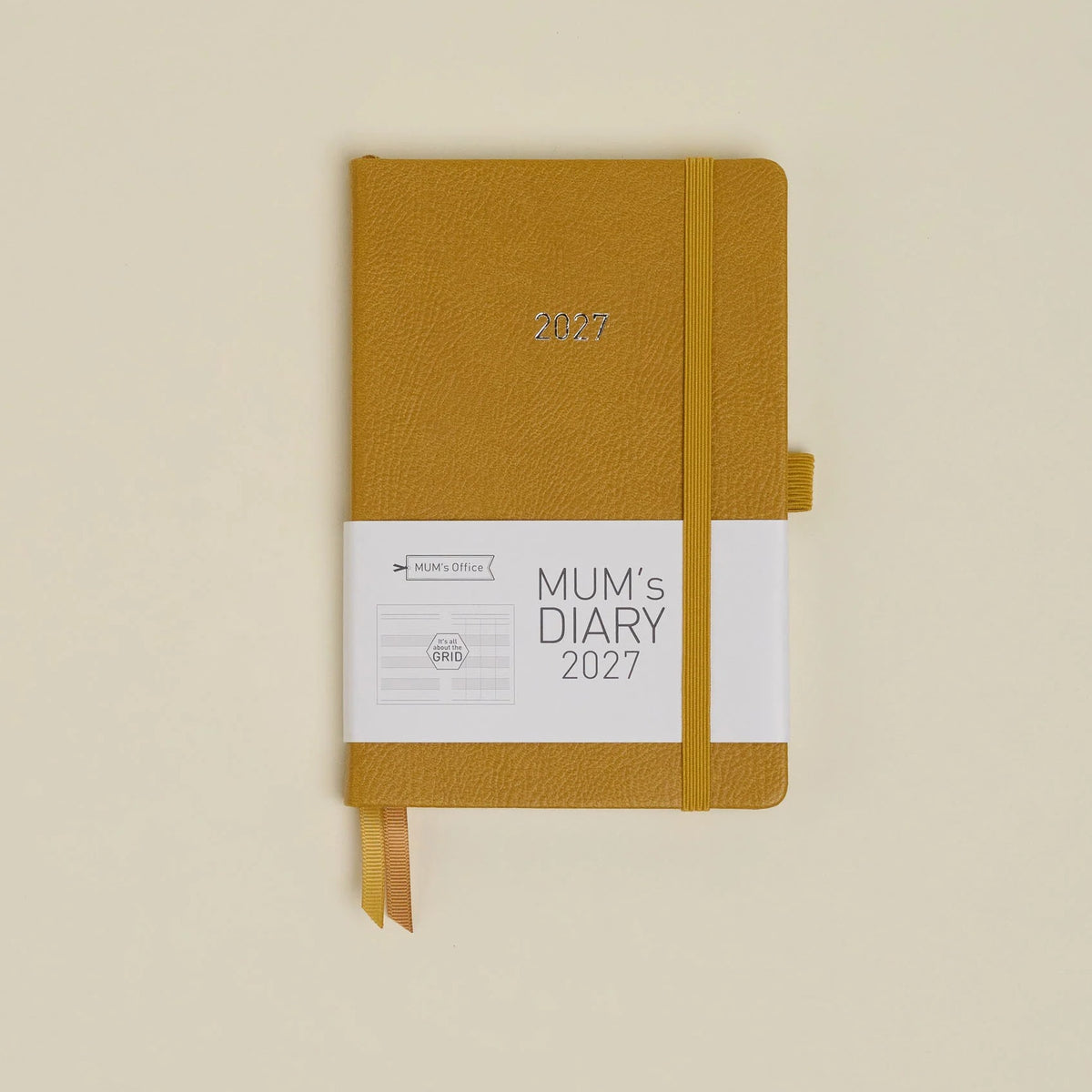 MUM's Diary 2027 in Mustard, vegan leather cover, week-to-view with 4 column GRID layout