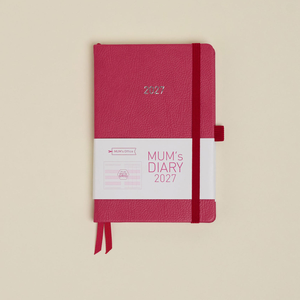 MUM's Diary 2027 in Raspberry, vegan leather cover, week-to-view with 4 column GRID layout