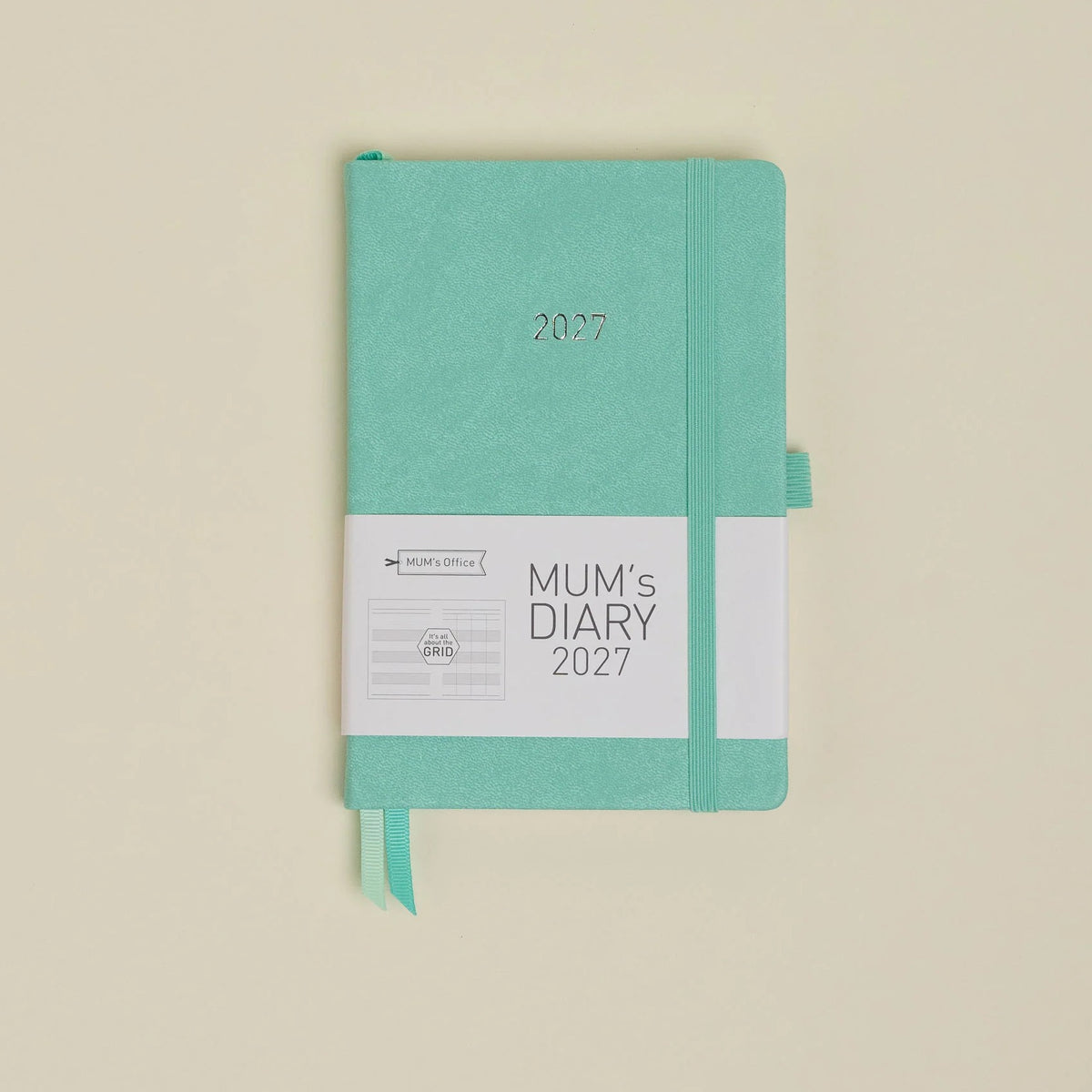 MUM's Diary 2027 in Sea Mist, vegan leather cover, week-to-view with 4 column GRID layout